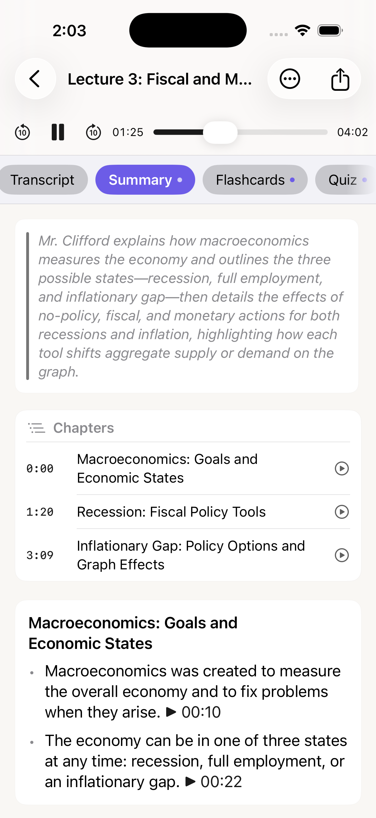 Summary view showing structured chapters and key points from a lecture