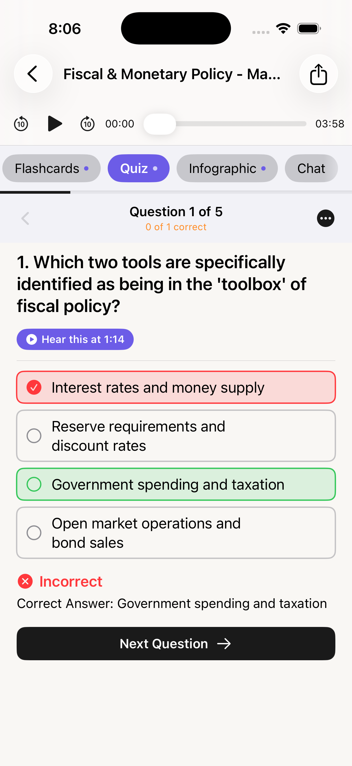 Quiz view showing multiple choice question with correct and incorrect answers